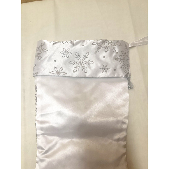 White Silky Snowflake Christmas Stocking Glittery 18 in with Fringe - Picture 4 of 4
